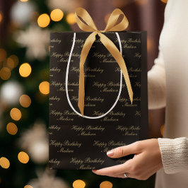 Happy Birthday Script Name Black Gold ミディアムペーパーバッグ