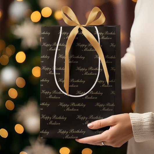 Happy Birthday Script Name Black Gold ミディアムペーパーバッグ