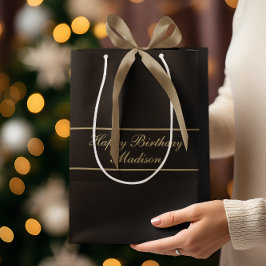 Happy Birthday Script Name Black Gold ミディアムペーパーバッグ