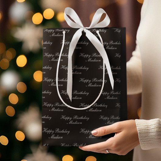 Happy Birthday Script Name Black Silver ミディアムペーパーバッグ
