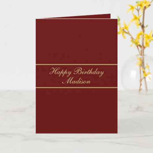 Happy Birthday Script Name Burgundy Gold カード (黄色い花)