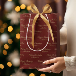Happy Birthday Script Name Burgundy Gold ミディアムペーパーバッグ