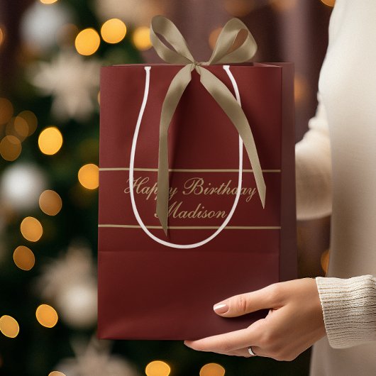 Happy Birthday Script Name Burgundy Gold ミディアムペーパーバッグ