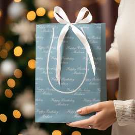 Happy Birthday Script Name Dusty Blue ミディアムペーパーバッグ