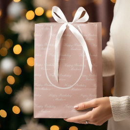 Happy Birthday Script Name Dusty Rose ミディアムペーパーバッグ