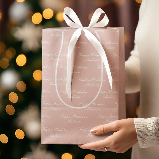 Happy Birthday Script Name Dusty Rose ミディアムペーパーバッグ