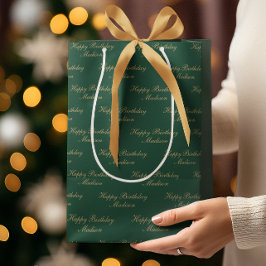 Happy Birthday Script Name Green Gold ミディアムペーパーバッグ
