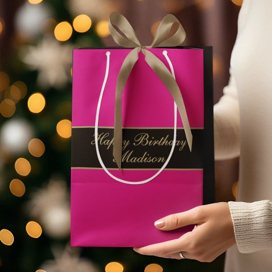 Happy Birthday Script Name Pink Black Gold ミディアムペーパーバッグ