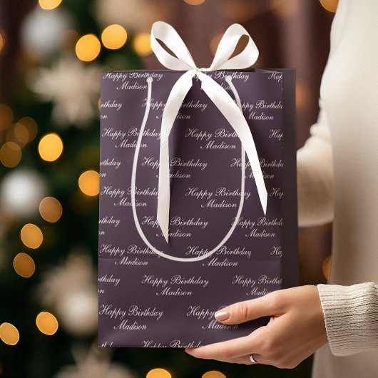 Happy Birthday Script Name Plum ミディアムペーパーバッグ
