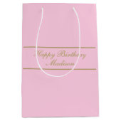 Happy Birthday Script Name Powder Pink Gold ミディアムペーパーバッグ (正面)