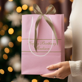 Happy Birthday Script Name Powder Pink Gold ミディアムペーパーバッグ