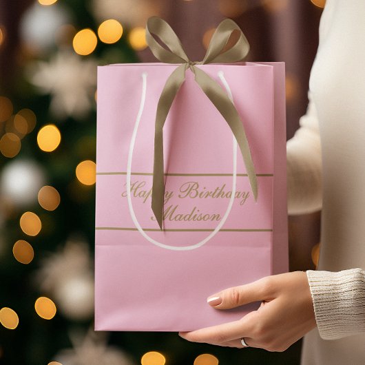 Happy Birthday Script Name Powder Pink Gold ミディアムペーパーバッグ