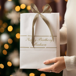 Happy Birthday Script Name White Gold ミディアムペーパーバッグ