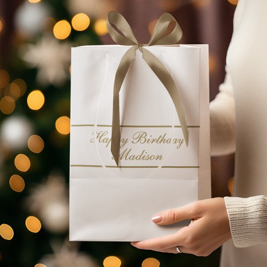 Happy Birthday Script Name White Gold ミディアムペーパーバッグ