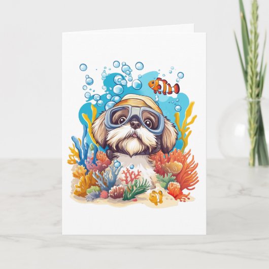 Happy Birthday Shih Tzu Dog Snorkeling Coral Reef カード (正面)