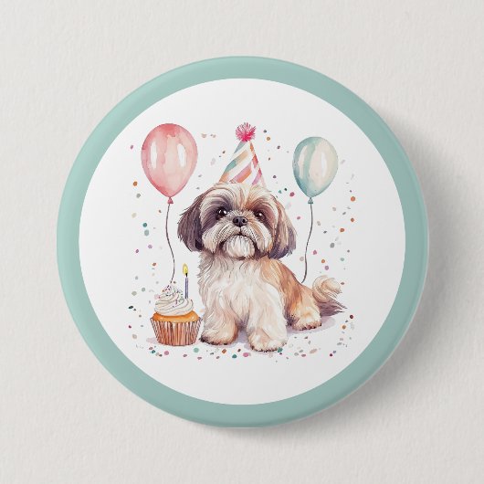 Happy Birthday Shih Tzu Dogs Cupcake 缶バッジ (正面)