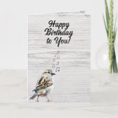 Happy Birthday Singing Bird Rustic Wood Grain  カード (正面)