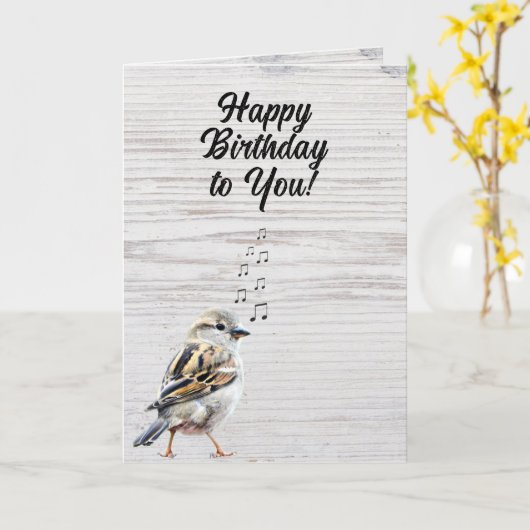 Happy Birthday Singing Bird Rustic Wood Grain  カード (黄色い花)