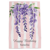 Happy birthday so sweet pink stripes grapes ミディアムペーパーバッグ (裏面)