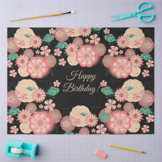 Happy Birthday - Spring Peach Flowers Garden Boho 薄葉紙 (クラフト)
