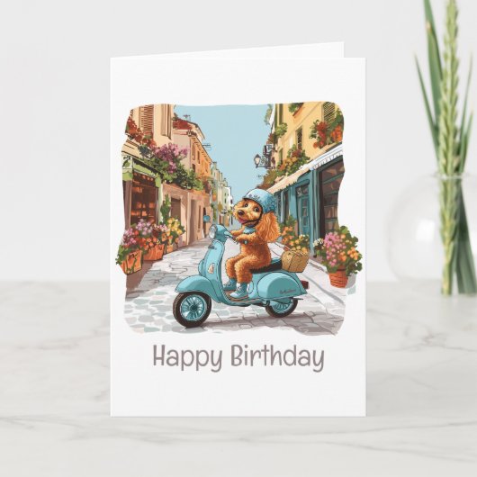Happy Birthday Standard Poodle Dog Riding Scooter カード (正面)