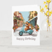 Happy Birthday Standard Poodle Dog Riding Scooter カード (黄色い花)