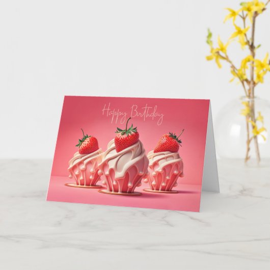 Happy Birthday Strawberry Cupcakes カード (黄色い花)