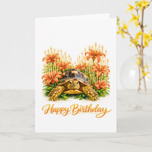 Happy Birthday Sulcata turtle with Orange Lilies カード (黄色い花)