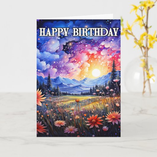 Happy Birthday Sundown Outdoor Landscape カード (黄色い花)
