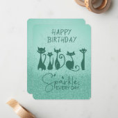 Happy Birthday Tall Cat Teal Green Sparkles ノートカード (正面/裏面インサイチュ)