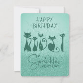 Happy Birthday Tall Cat Teal Green Sparkles ノートカード (正面)