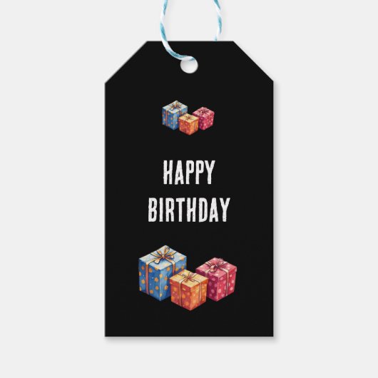 Happy Birthday text and gift boxes images black ギフトタグ (正面)