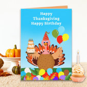Happy Birthday Thanksgiving Turkey with Cake カード