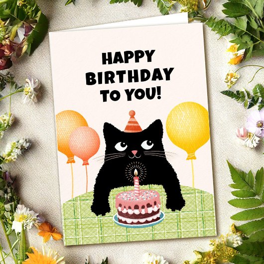 Happy Birthday to you with black kitten and cake カード