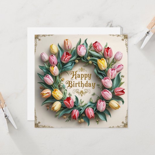 Happy Birthday Tulip Flower Wreath  カード (正面/裏面インサイチュ)