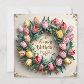 Happy Birthday Tulip Flower Wreath  カード (正面)