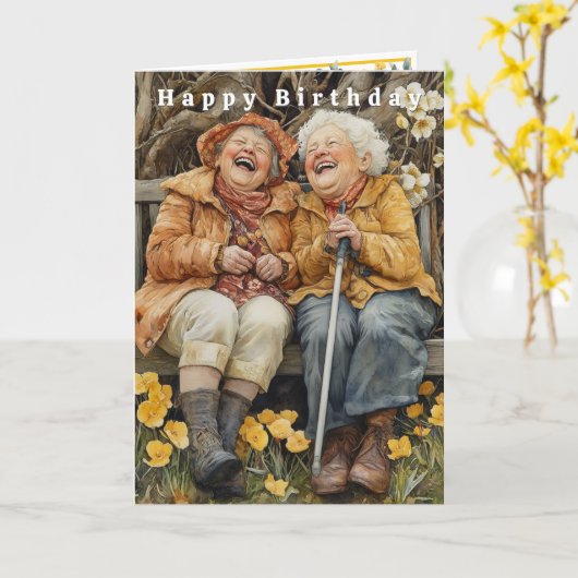 Happy Birthday Two Funny Laughing Ladies  カード (黄色い花)