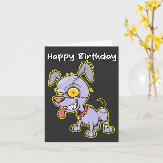 Happy Birthday Undead Zombie Dog Illustration カード (黄色い花)
