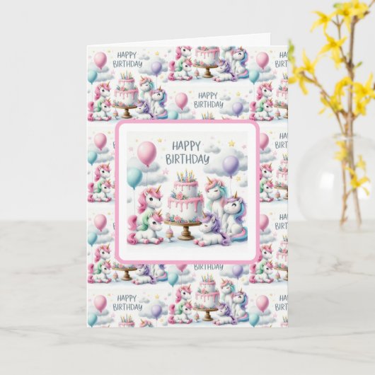 Happy Birthday Unicorn Themed カード (黄色い花)