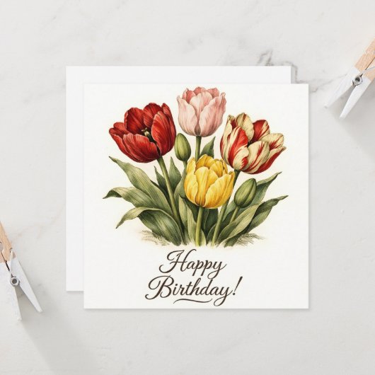 Happy Birthday Vintage Tulip Flowers カード (正面/裏面インサイチュ)