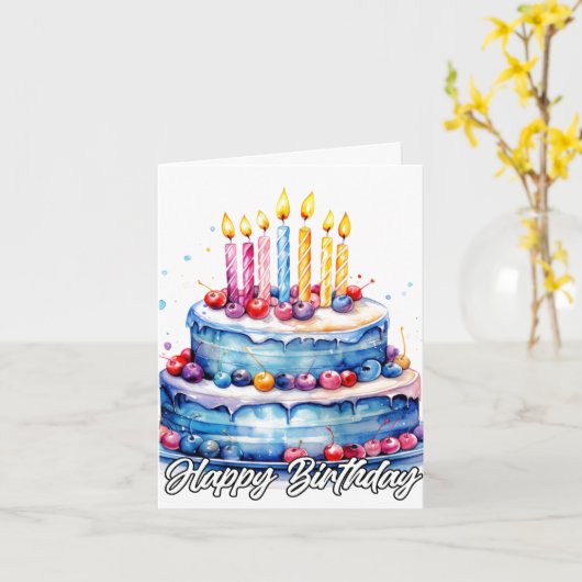 Happy Birthday Watercolor Cake Art カード (黄色い花)