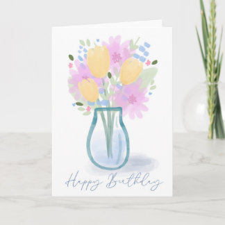 Happy Birthday Watercolor Floral Vase for Mom カード