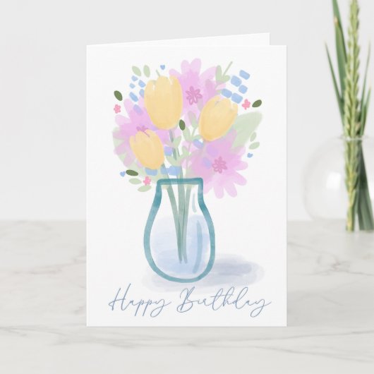 Happy Birthday Watercolor Floral Vase for Mom カード (正面)