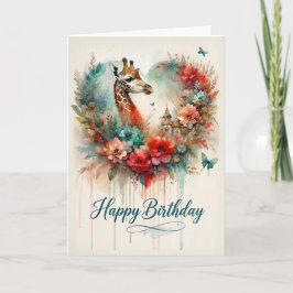 Happy Birthday Watercolor Giraffe Floral カード