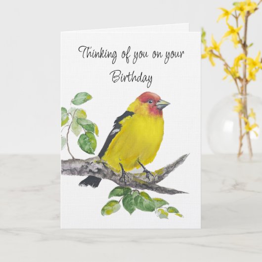 Happy Birthday Watercolor Western Tanager Bird カード (黄色い花)