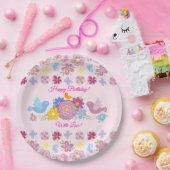 Happy Birthday Wild Flowers Garden Birds Pattern ペーパープレート (パーティー)
