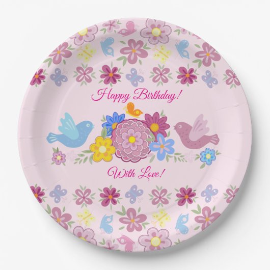 Happy Birthday Wild Flowers Garden Birds Pattern ペーパープレート (正面)