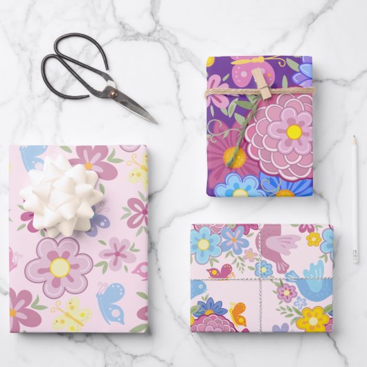 Happy Birthday Wild Flowers Garden Boho Pattern ラッピングペーパーシート (正面)