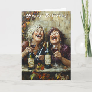 Happy Birthday Wine Bottles Funny Laughing Ladies  カード