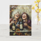 Happy Birthday Wine Bottles Funny Laughing Ladies  カード (黄色い花)